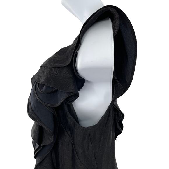 LONDON TIMES Black Asymmetrical Neckline Ruffle Sleeve Sheath Cocktail Dress 10 - Picture 6 of 13
